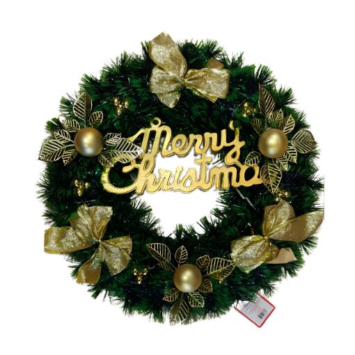 Corona Natalizia Decorata Merry Christmas Oro Verde 45 Cm