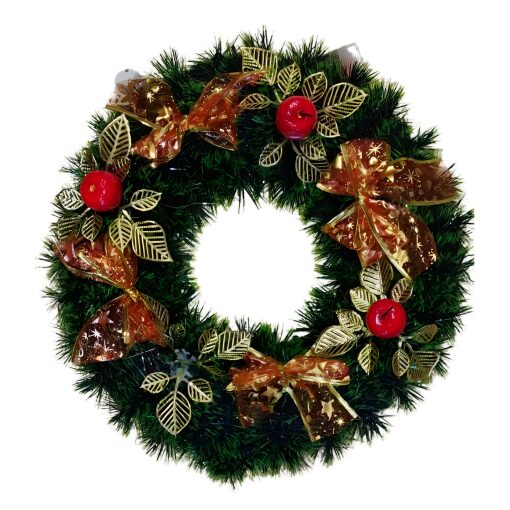 Corona Natalizia Decorata Fiocchi Oro e Mele Rosse 45 Cm