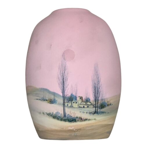 Vaso Decorativo In Ceramica Rosa Con Paesaggio Dipinto