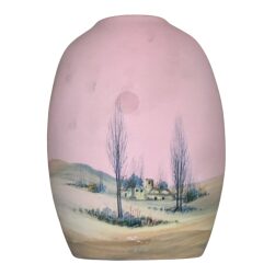 Vaso Decorativo In Ceramica Rosa Con Paesaggio Dipinto